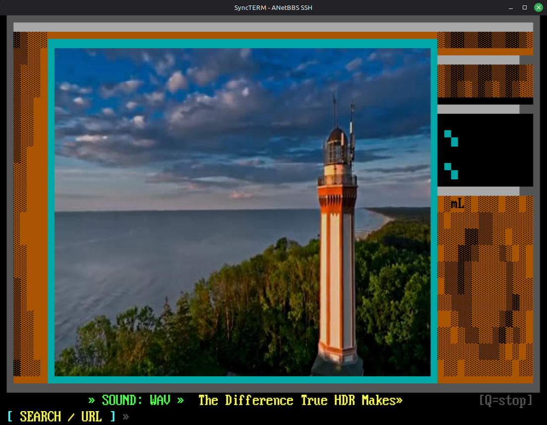 SixelDoor rendering a lighthouse video in full JPEG XL quality inside SyncTERM