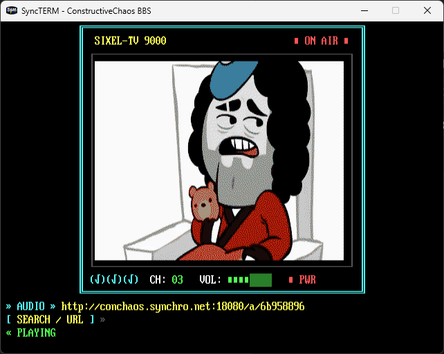 Screenshot of A-NET SIXEL-TV 9000 running in SyncTERM with a CRT-style video display